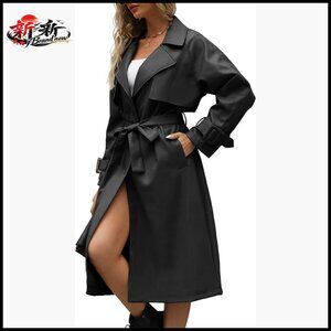 Faux PU Leather Trench Coat with Belt, Oversize Classic Lapel Overcoat
